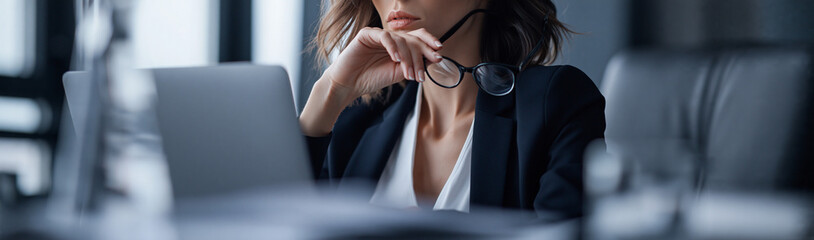 Naklejka premium Focused Professionalism: A woman in a crisp suit pauses from her work at a laptop, deep in thought, a pair of glasses resting on her fingers.