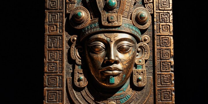 Ornate metallic mask face, ancient Mayan relief, detailed symmetrical alien wall art. Abstract tribal artifact with intricate carvings, gold-like metal, turquoise accents. Mystical face mask