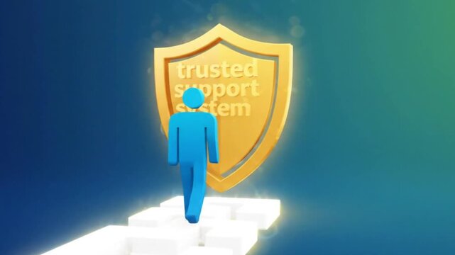 An animated conceptual graphic featuring a blue person silhouette icon walking along a rising white stone block pathway. The path leads toward a large, glowing golden security shield with the text tru