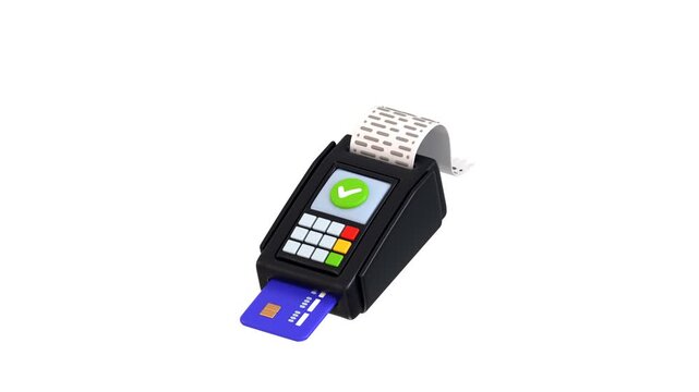 Pos machine 3d icon animation concept of pos machine punch card successfully and received script, Digital money transfer. POS bank payment device icon animation