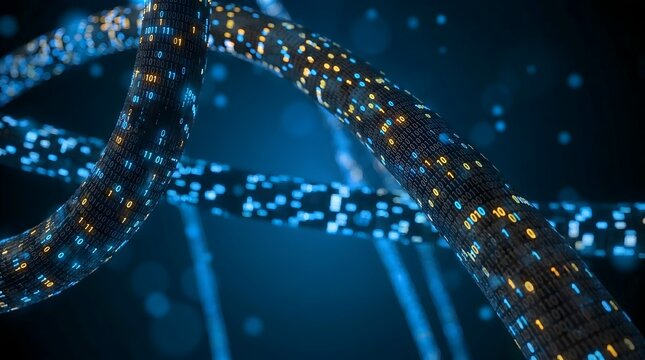 Abstract digital data streams with binary code and blue bokeh