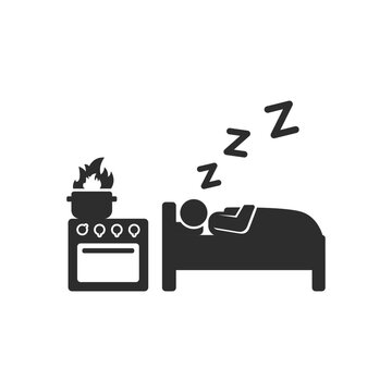 Kitchen fire danger and sleeping accident icon. Person sleeping while pot burning on stove. Monochrome black and white symbol