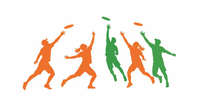 Colorful silhouettes of men and women playing ultimate frisbee. Five active athletes in orange and green jumping to catch flying discs on a white background. Isolated vector illustration.