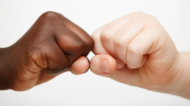 Fist Bump of Unity: Two hands, one dark and one light, meet in a symbol of unity, equality, and solidarity. Capturing the essence of connection and understanding.
