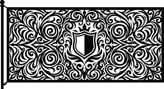 Black and white royal flag with shield and floral pattern
