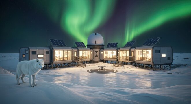 Futuristic Arctic Research Station Under Aurora Borealis with White Wolf and Drone on a Snowy Landscape