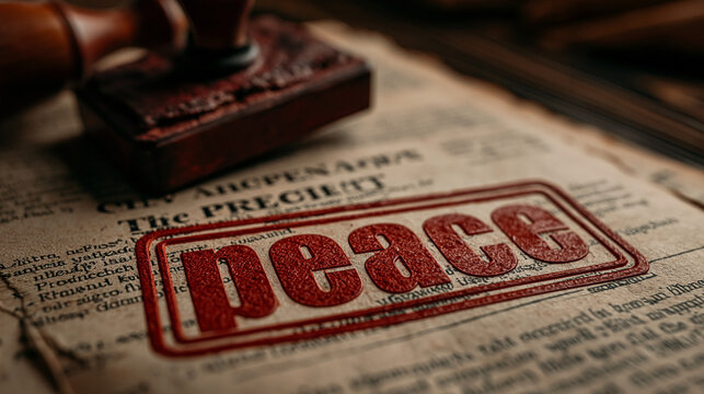 Peace Seal of Approval: A vintage rubber stamp with the word peace stamped in red ink sits atop old, textured documents, evoking a sense of historical significance and quiet resolution.