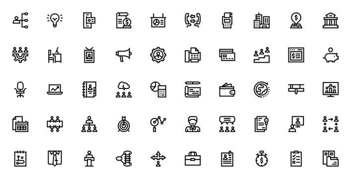 Business Administration 2101 icon set. Minimal line icons. Featuring user, idea, mobile banking, cost, presentation, talking, payment and more. Editable vector stroke.
