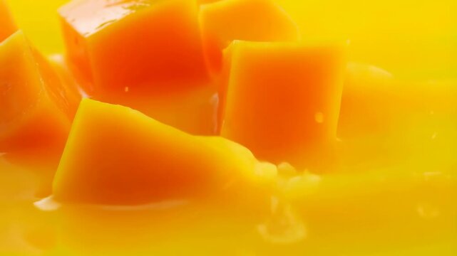 Close-up of vibrant orange jelly cubes in a bright yellow liquid. Perfect for food photography, culinary presentations, and dessert recipes