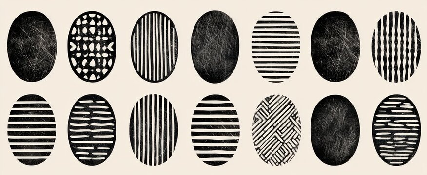 Hand-pressed rubber stamp textures crafted with roller tool. Oval worn patterns with scratches, vintage letterpress rough overlays, woodcut printmaking design on light backdrop.