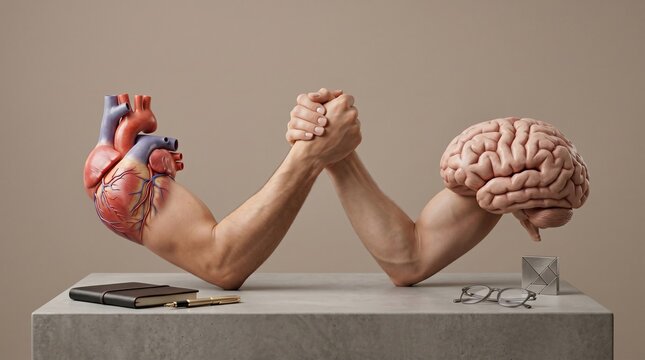 Heart and brain arm wrestling match representing the constant conflict between emotional feelings and logical rational thought in a conceptual studio setting