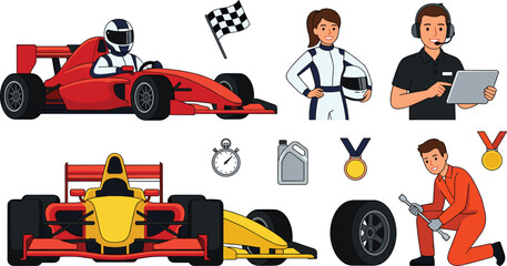 Naklejka premium Formula One Racing Vector Icon Set Featuring Red Race Cars, Pit Crew Mechanic, Drivers, Gold Medals, and Checkered Flag Graphics