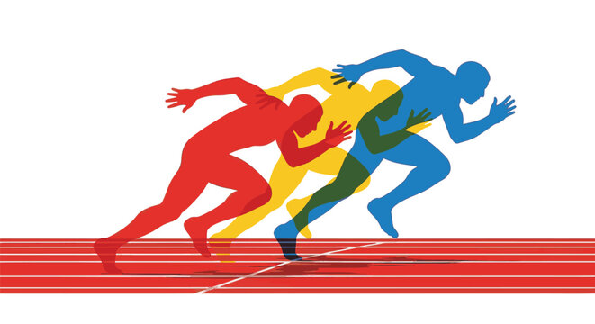 Vector illustration featuring three overlapping silhouettes of male sprinters in motion on a red athletic track. Colorful red, yellow, and blue figures create transparent color effects.