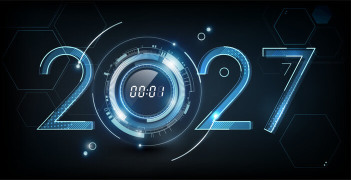 Happy New Year 2027 celebration with abstract digital clock on futuristic technology background, countdown concept, Can adjust digital number, vector illustration