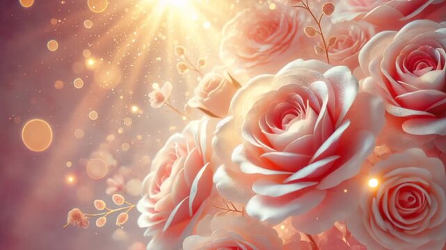 A dreamy and soft focus pale pink roses glowing with a soft pink hue and accented with golden light flares and warm sun rays in atmospheric motion