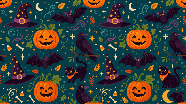 A festive seamless pattern featuring pumpkins and magical elements for autumn holidays