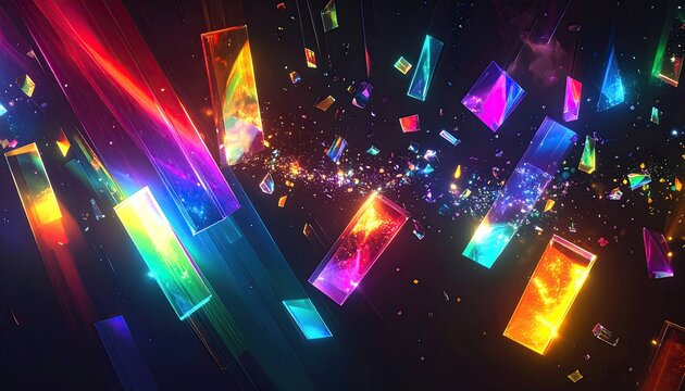 Abstract Rainbow Prism Light Beams and Geometric Shapes Floating in Space.