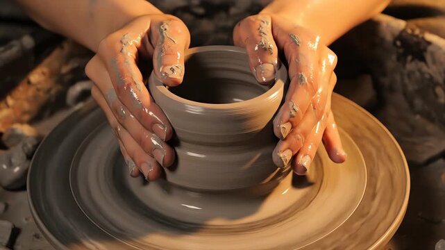 Breathtaking 4k macro cinematic slow motion view of artisan hands shaping smooth clay on a rotating wheel with golden glow for luxury design lifestyle advertising