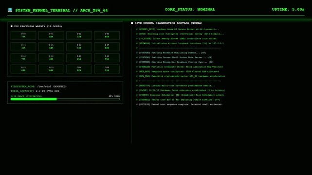 Linux Kernel Boot Terminal CPU Monitor System Diagnostic Dashboard Animation.