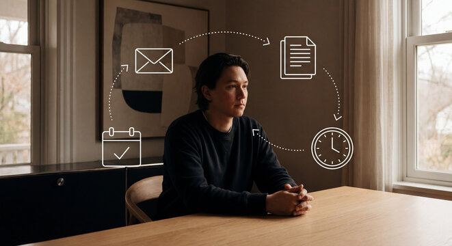 Person sitting at minimal desk with floating digital UI icons around