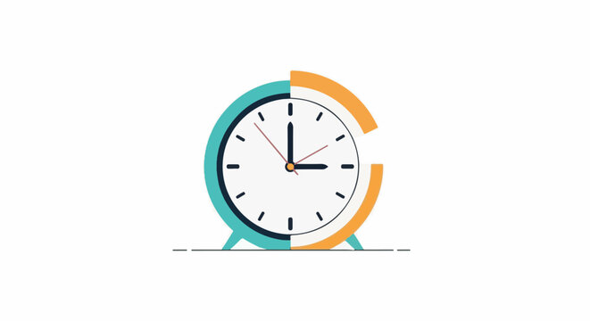 Stylized clock face with teal and orange segments and simple hands
