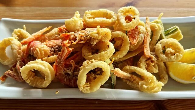 Push Forward into Fried Seafood Platter with Calamari and Shrimp, Capturing Italian Lakeside Cuisine
