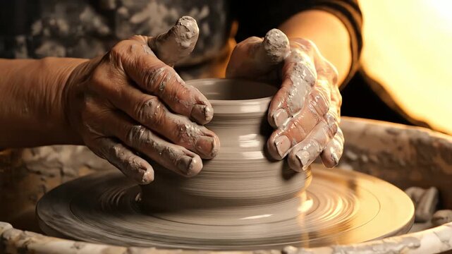 Spectacular 4K macro shot of artisan hands shaping damp clay on a rotating wheel, bathed in dramatic golden light. Captures the essence of masterful craftsmanship and creative