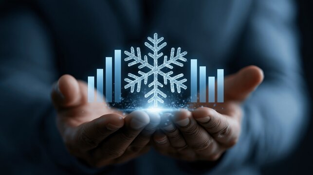 Digital glowing snowflake icon with financial bar charts hovering above open palms representing corporate climate change and market data analysis