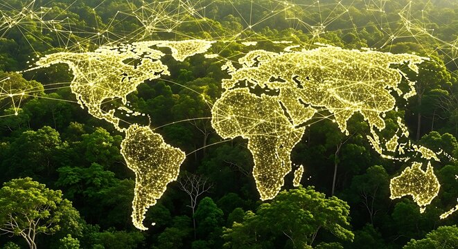World map glowing over lush rainforest  Global connectivity and sustainability.
