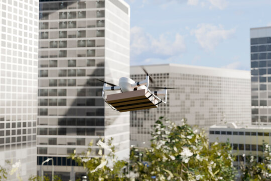 3D business district drone flies with a package near offices