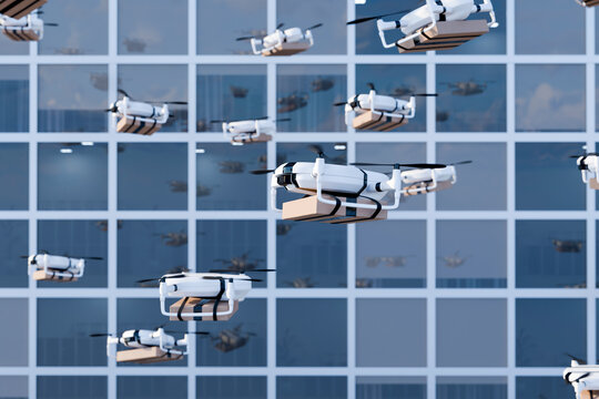 3D drone delivery fleet crosses a reflective office facade
