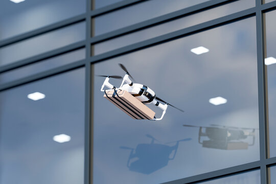 3D commercial delivery drone carries cargo over a city street