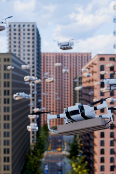 3D urban drone traffic fills a downtown delivery corridor