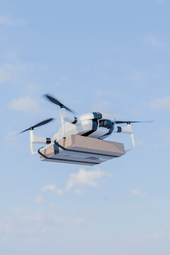 3D sky parcel drone carries a package against open blue space