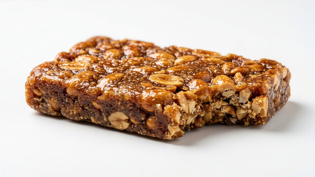 Brazilian P&eacute; de Moleque Peanut Brittle Bar with Glossy Caramel Coating and Whole Peanuts Isolated on White Background