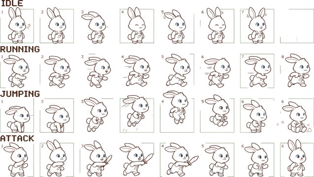 Cute cartoon rabbit sprite sheet for 2D game asset design featuring animated sequences of bunny character in idle, running, jumping, and sword attack actions