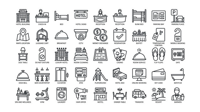 Collection of hotel and accommodation service icons including buildings reception rooms and amenities