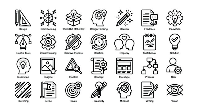 Collection of linear icons representing creative process and business ideation concepts