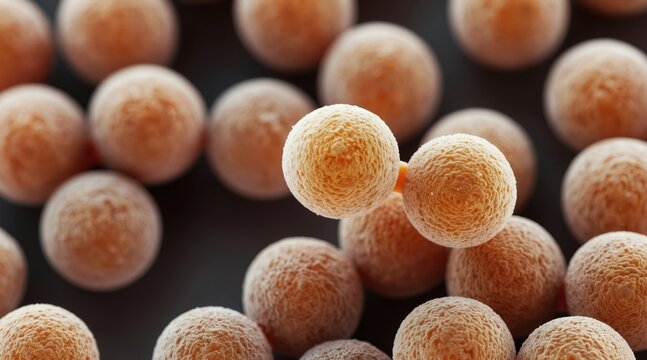 Microscopic view of yeast cells, spherical organisms with textured surfaces. This scientific illustration shows detailed cellular structures, biological forms, useful for medical, research contexts.