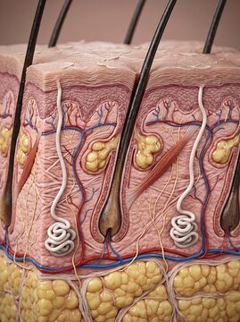 Detailed 3D medical illustration of human skin anatomy showing layers and hair follicles.