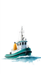 Naklejka premium Tugboat on calm sea with minimalist design and clear sky