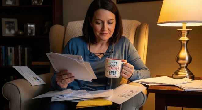 A female teacher sitting in an armchair at home, reading handwritten notes and letters from students while holding a mug that says best teacher ever