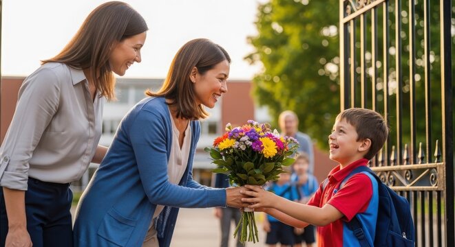 A young schoolboy happily giving a bouquet of colorful flowers to his teacher outside the school gate as his mother looks on with a smile