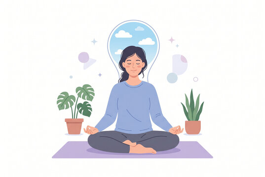Femme en position lotus avec une t&ecirc;te transparente r&eacute;v&eacute;lant un ciel bleu et des nuages, concept de clart&eacute; mentale et de paix int&eacute;rieure
