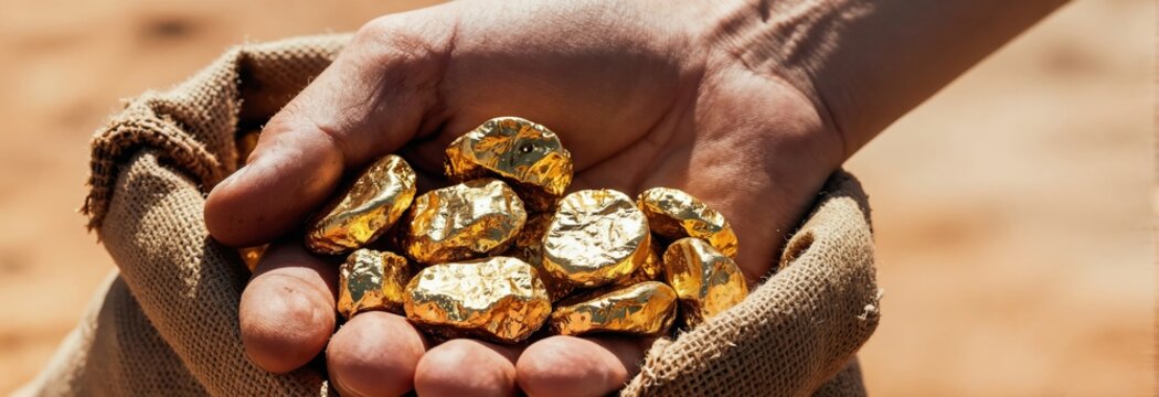 Hand holds burlap sack filled with gold nuggets. Shiny precious metal chunks found from mining. Represents wealth discovery and resource extraction from land.