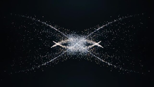 Abstract particle trails forming symmetrical patterns against dark background with subtle light