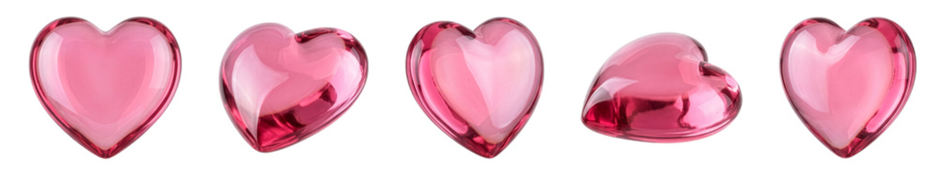  Set of 3D transparent glass heart PNG elements on a transparent background