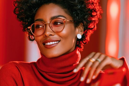 Smiling woman wearing glasses and red turtleneck in a warm, confident studio portrait