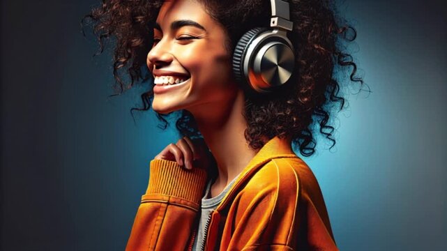Video of side profile a joyful woman with curly hair wearing large over ear headphones and a vibrant orange jacket. She is smiling with her eyes closed in natural motion