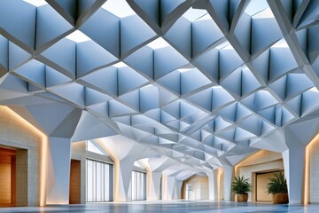 Naklejka premium Modern geometric atrium interior with dramatic ceiling pattern, skylights and open corporate lobby space